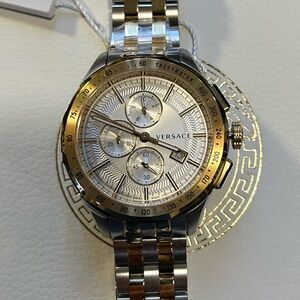 Versace Watch With 44mm Silver Chronograph Face & 2 Tone Bracelet.